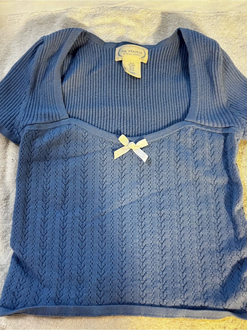 Blue Knit Scoop-Neck Top with Bow Detail